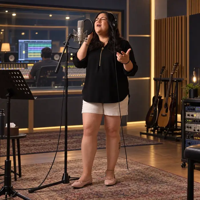 Laura Bravo singing into a studio microphone with headphones on, an engineer at the console behind her